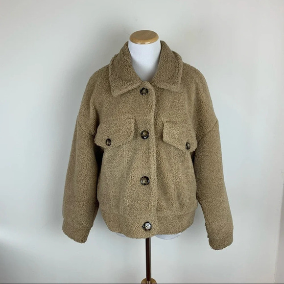 Zara Blogger Favorite Teddy Shearling Jacket Coat Tan Size M - Picture 8 of 12